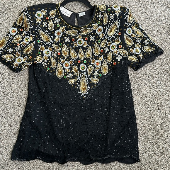 Laurnce kazar beaded black and gold cocktail top size small pure slik vantage - Picture 9 of 9